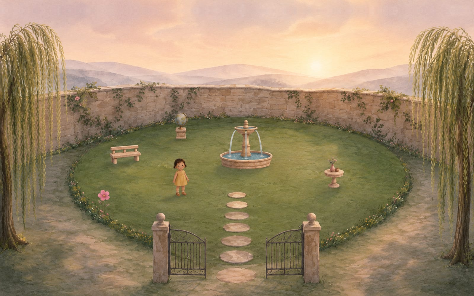 A watercolor garden at dawn with pale blue hills and warm early light